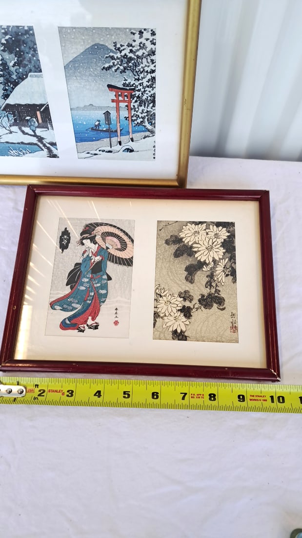 Framed Japanese Woodblock Prints, Geisha, Chrysanthemums Snow Scenes - 3