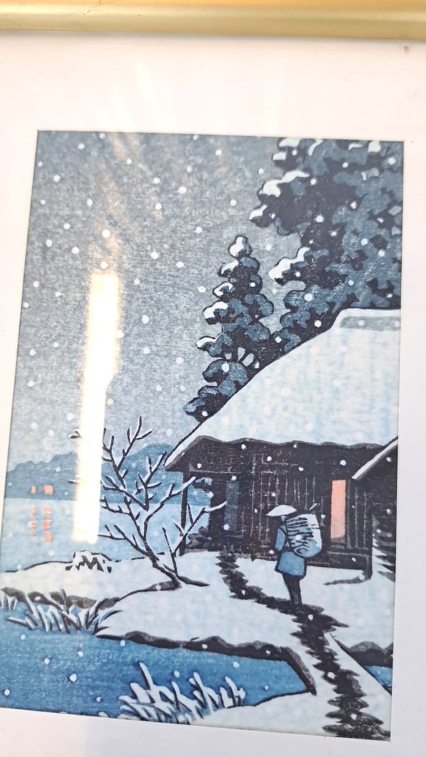 Framed Japanese Woodblock Prints, Geisha, Chrysanthemums Snow Scenes - 9