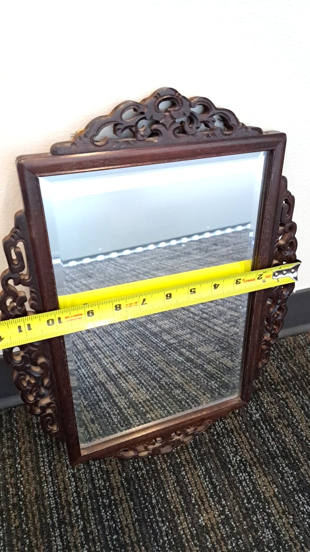 Asian Ornate Carved Dark Wood Rectangular Wall Mirror With Beveled Glass - 3