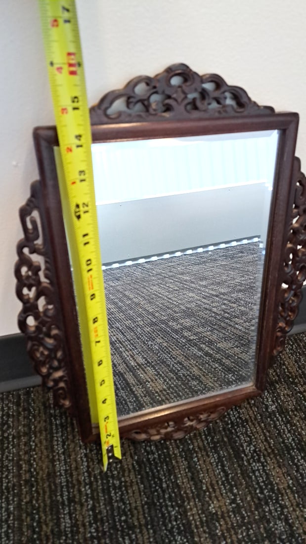 Asian Ornate Carved Dark Wood Rectangular Wall Mirror With Beveled Glass - 4