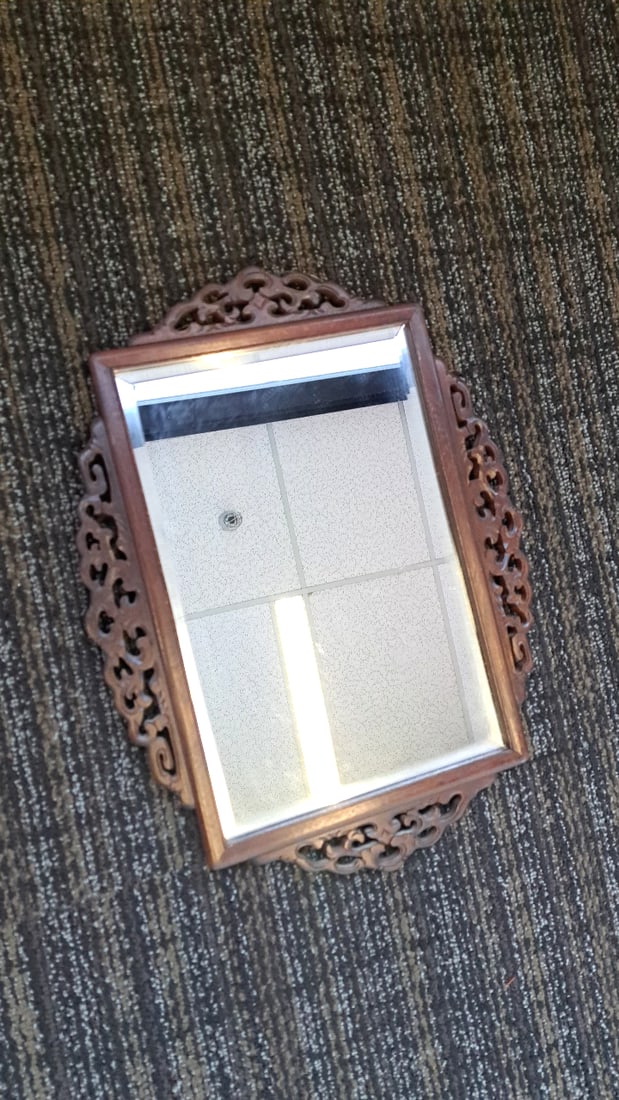 Asian Ornate Carved Dark Wood Rectangular Wall Mirror With Beveled Glass - 5