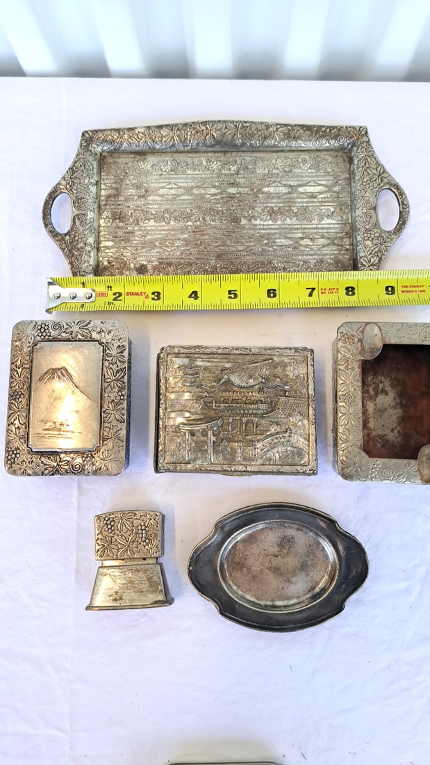 Vtg Embossed Metal Accessories, Tray Boxes Ashtray Frame Some Occupied Japan - 2