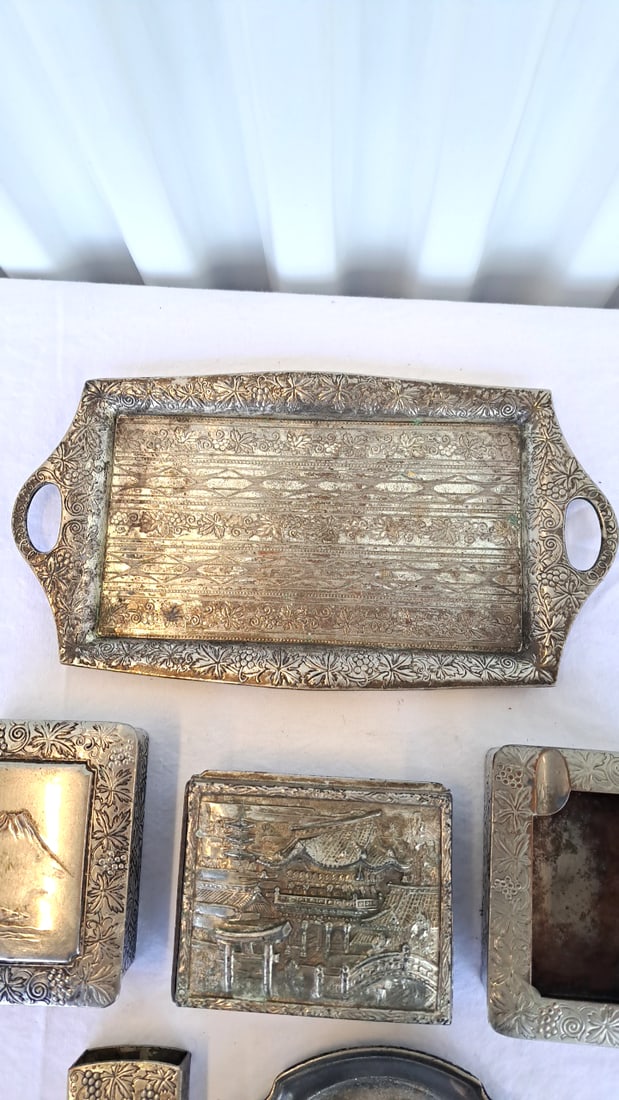 Vtg Embossed Metal Accessories, Tray Boxes Ashtray Frame Some Occupied Japan - 3