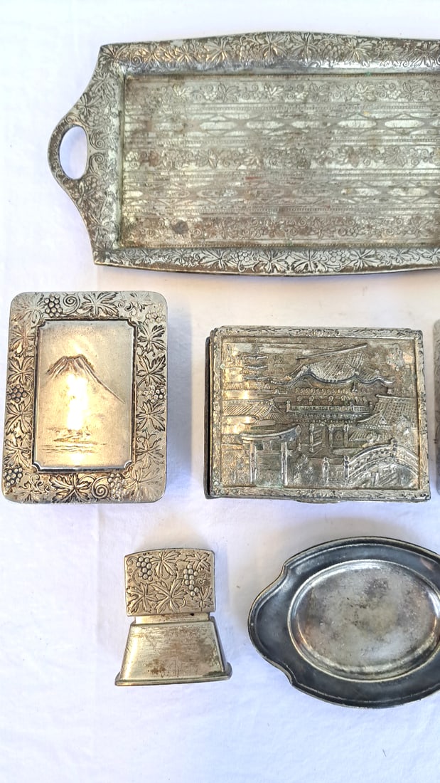 Vtg Embossed Metal Accessories, Tray Boxes Ashtray Frame Some Occupied Japan - 4