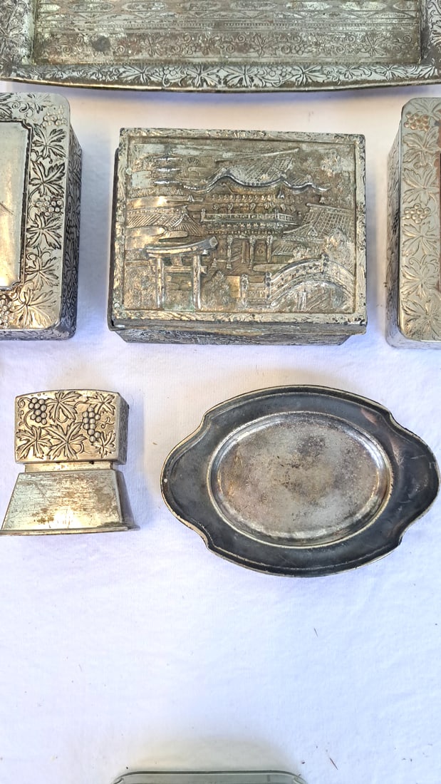 Vtg Embossed Metal Accessories, Tray Boxes Ashtray Frame Some Occupied Japan - 6