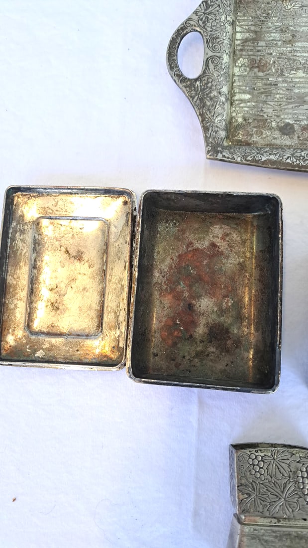 Vtg Embossed Metal Accessories, Tray Boxes Ashtray Frame Some Occupied Japan - 7