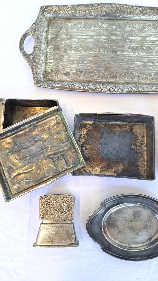 Vtg Embossed Metal Accessories, Tray Boxes Ashtray Frame Some Occupied Japan - 8
