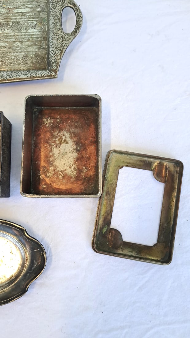 Vtg Embossed Metal Accessories, Tray Boxes Ashtray Frame Some Occupied Japan - 9