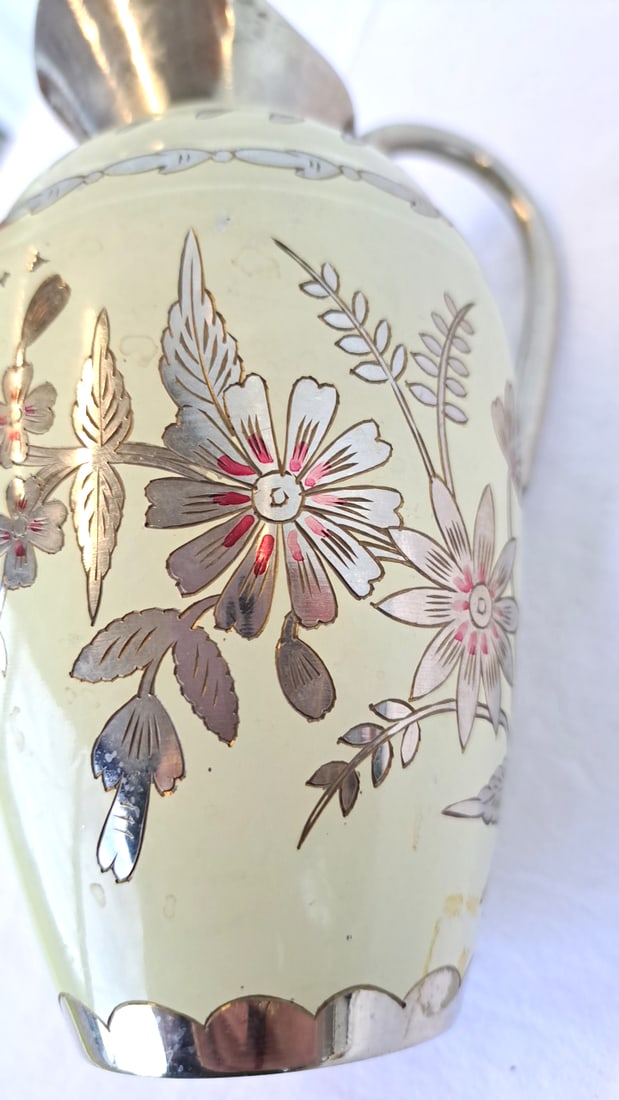 Indian Floral Decorative Pitcher With Silver-tone Handle, Spout And Trim - 11