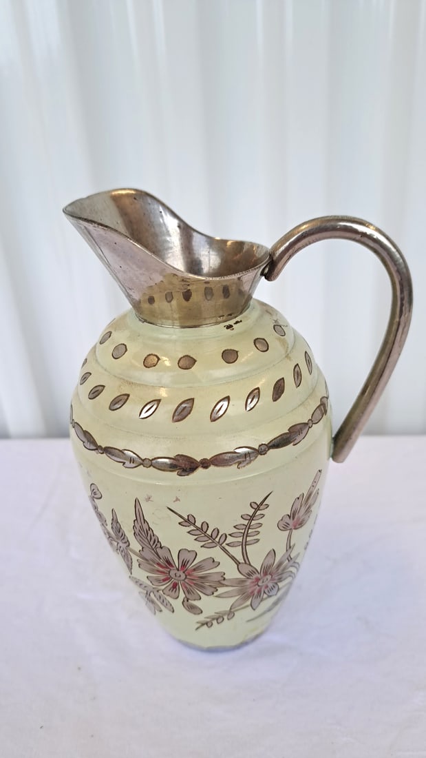 Indian Floral Decorative Pitcher With Silver-tone Handle, Spout And Trim - 3