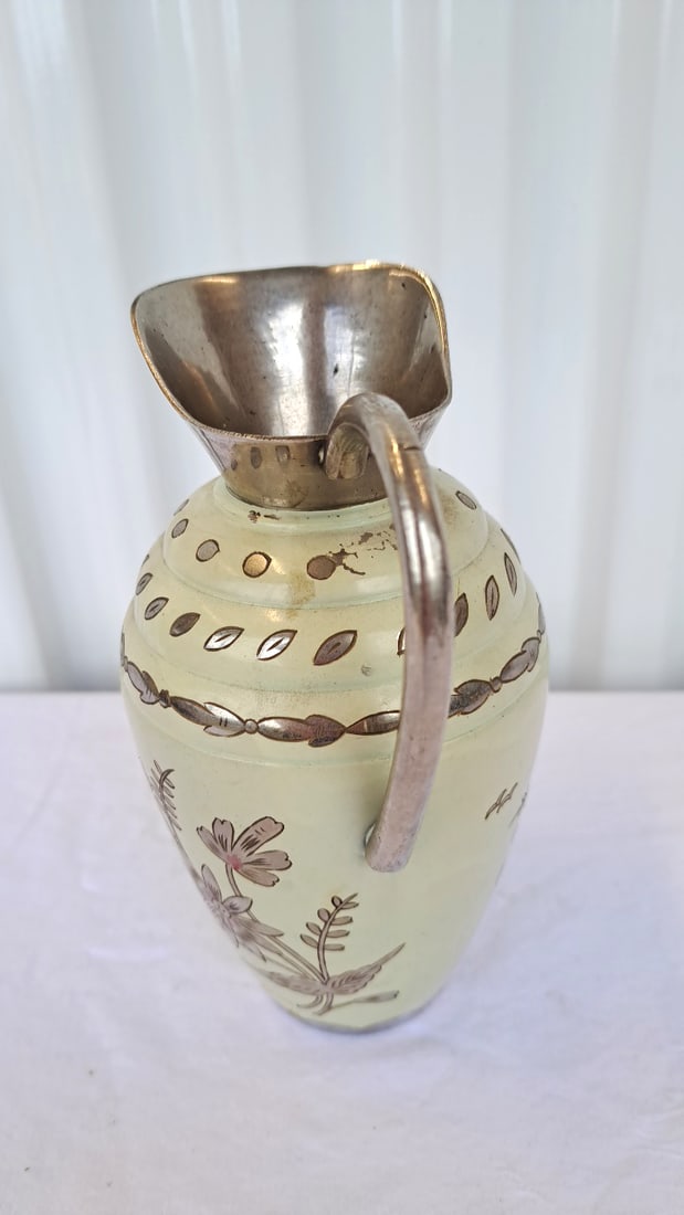Indian Floral Decorative Pitcher With Silver-tone Handle, Spout And Trim - 4