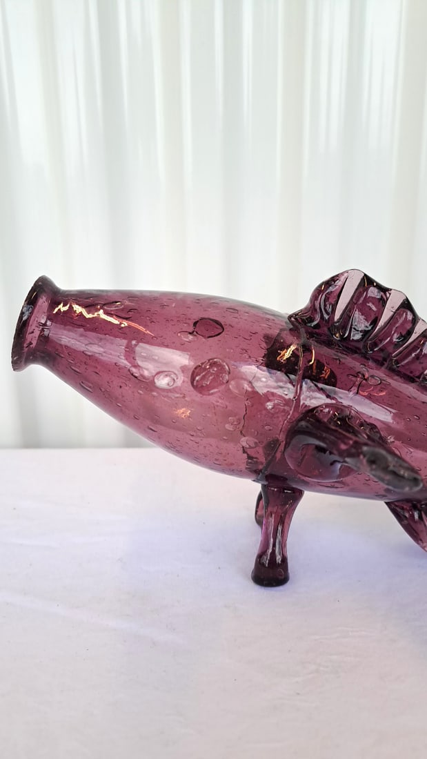 Amethyst Purple Blown Art Glass Fish Sculpture With Controlled Bubbles, 13 In - 2
