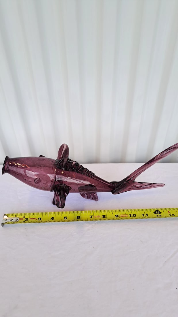 Amethyst Purple Blown Art Glass Fish Sculpture With Controlled Bubbles, 13 In - 4