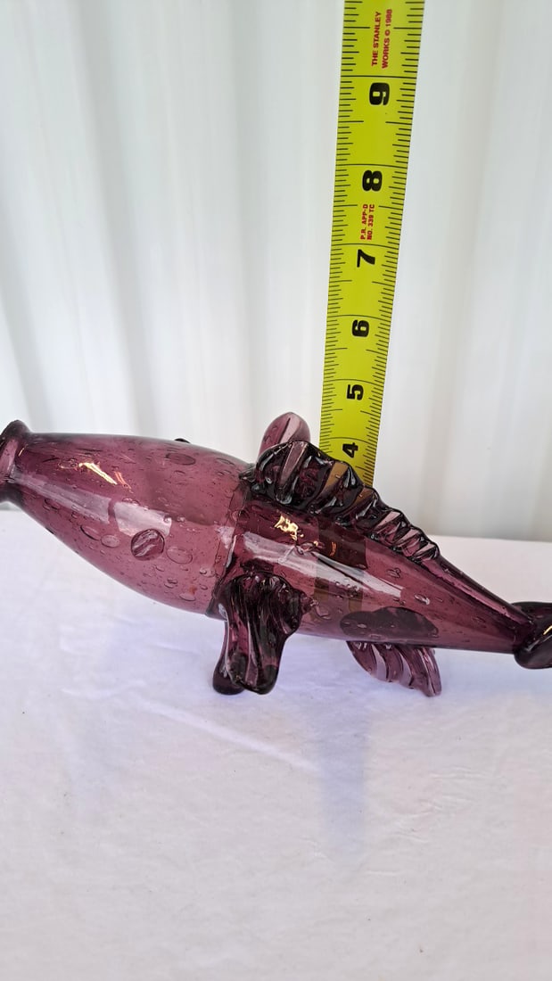 Amethyst Purple Blown Art Glass Fish Sculpture With Controlled Bubbles, 13 In - 5