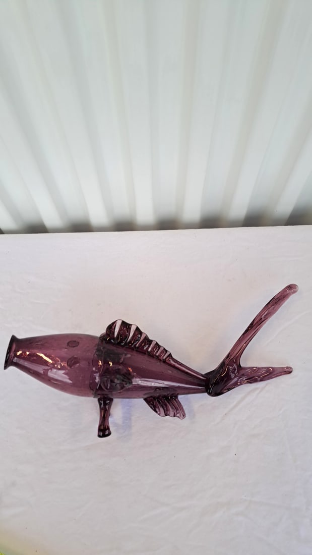 Amethyst Purple Blown Art Glass Fish Sculpture With Controlled Bubbles, 13 In - 6