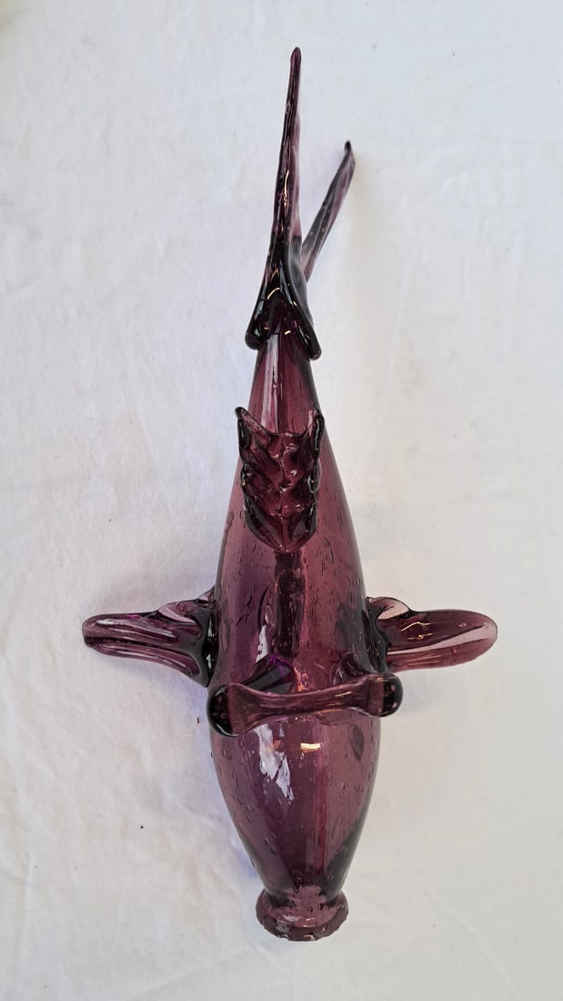 Amethyst Purple Blown Art Glass Fish Sculpture With Controlled Bubbles, 13 In - 7