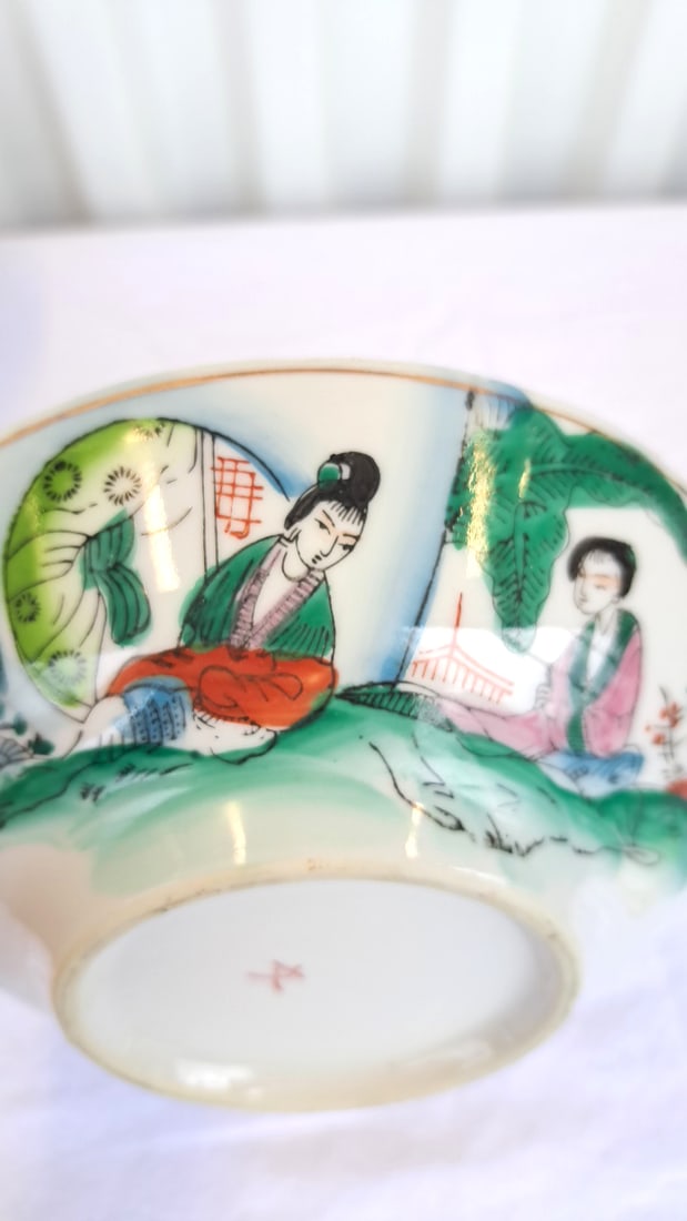Asian Porcelain Bowls, Cups Saucers With Hand-painted Figural And Red Gold Leaf Designs - 2