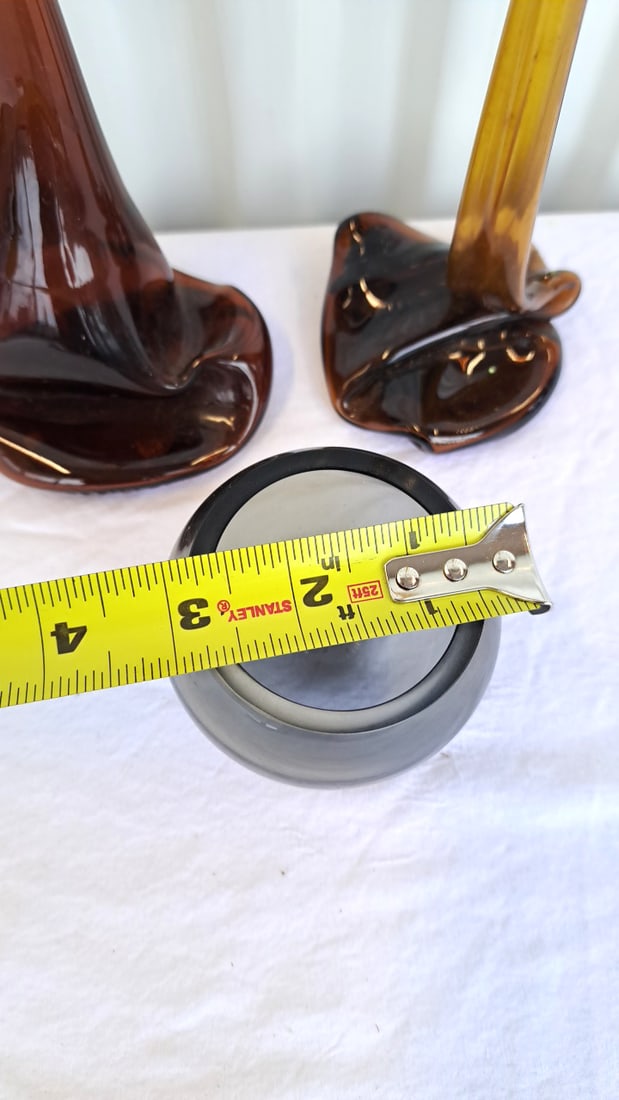 Stretched Amber Glass Bottle Vases 13in Smoke Gray Round Bowl - 3