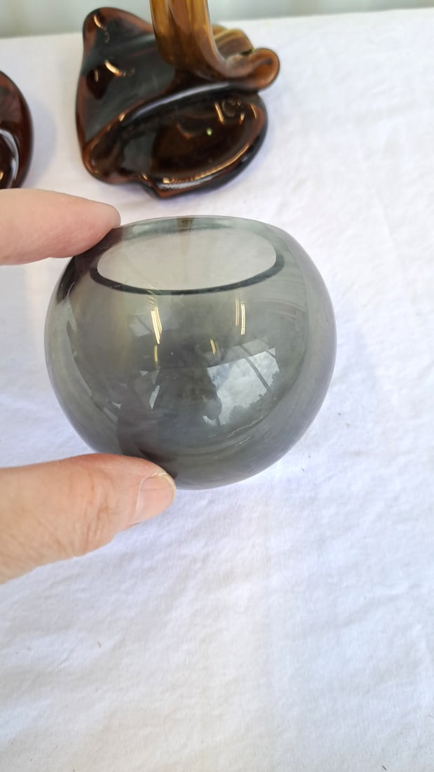 Stretched Amber Glass Bottle Vases 13in Smoke Gray Round Bowl - 4
