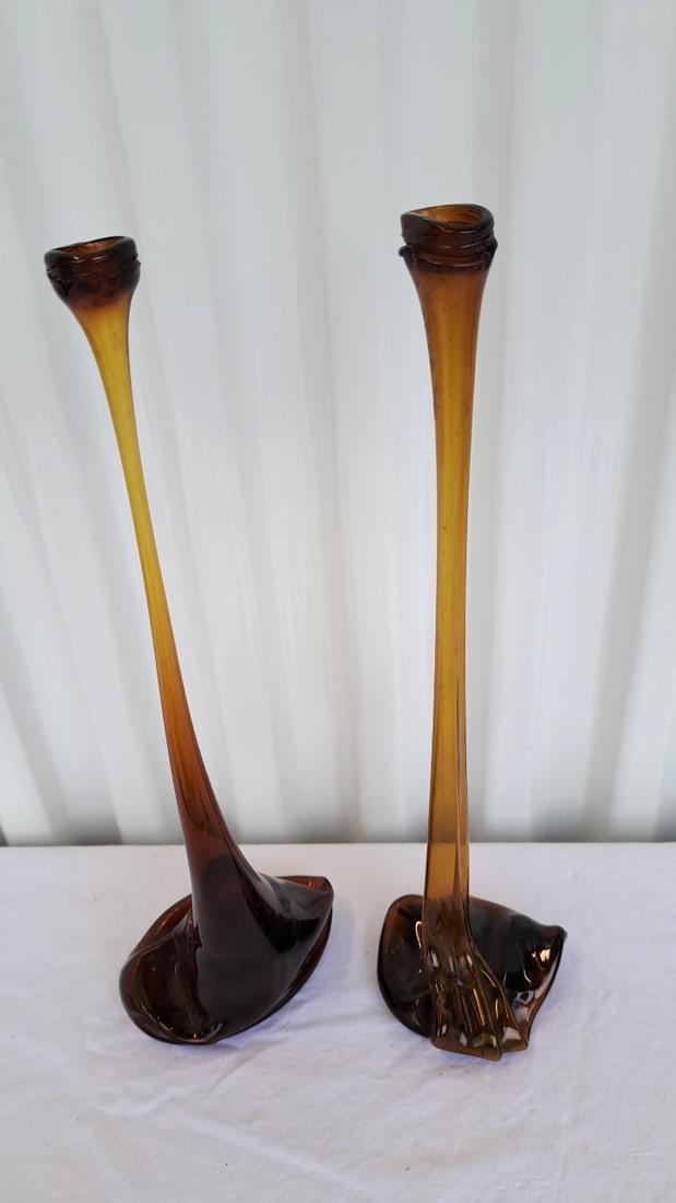 Stretched Amber Glass Bottle Vases 13in Smoke Gray Round Bowl - 7