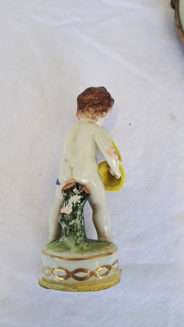 Porcelain Cherub Floral Table Lamp Marble Base Gilt Metal Vine - 10