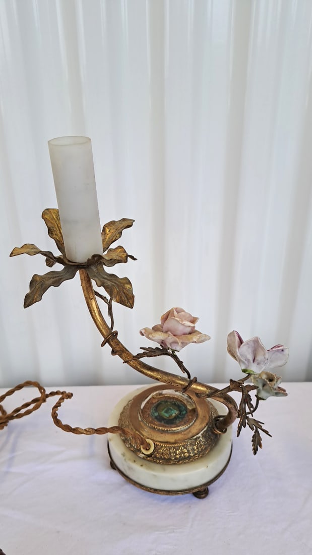 Porcelain Cherub Floral Table Lamp Marble Base Gilt Metal Vine - 12