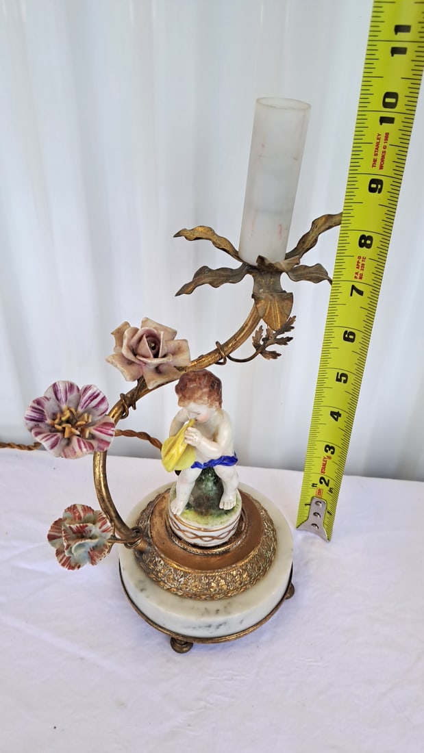 Porcelain Cherub Floral Table Lamp Marble Base Gilt Metal Vine - 2