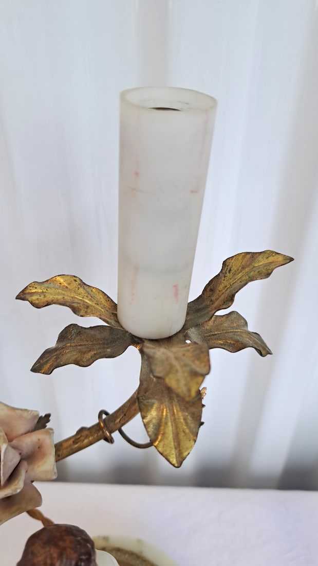 Porcelain Cherub Floral Table Lamp Marble Base Gilt Metal Vine - 3