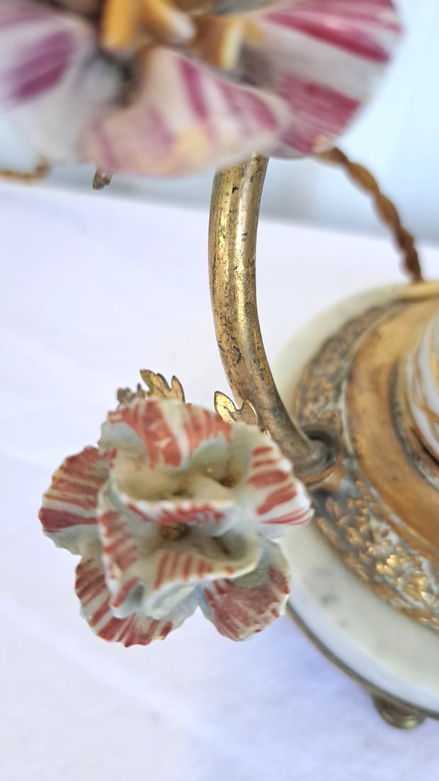 Porcelain Cherub Floral Table Lamp Marble Base Gilt Metal Vine - 6