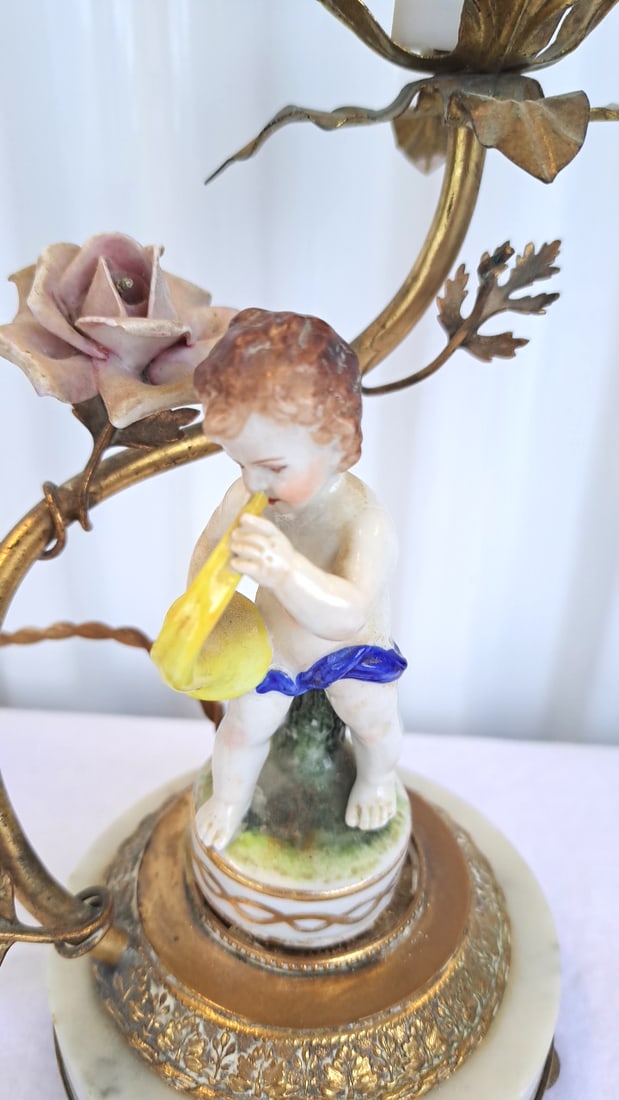 Porcelain Cherub Floral Table Lamp Marble Base Gilt Metal Vine - 7