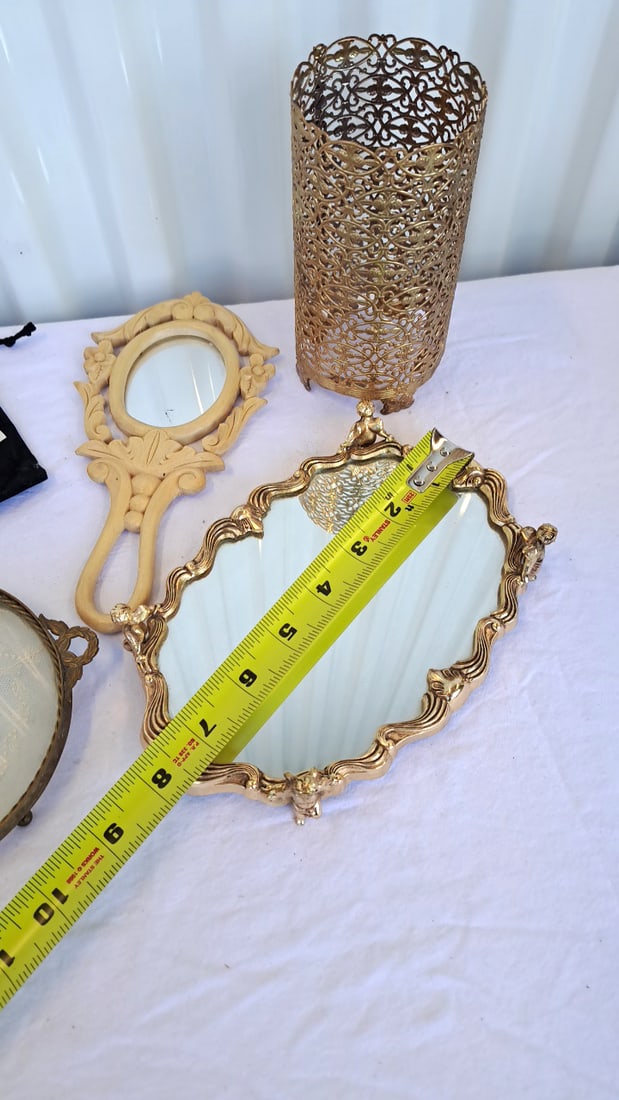 Vanity Mirror & Tray Lot, Gold Filigree Holder, Cherub Mirror Tray, Beautiful Wood Products Mirror - 2