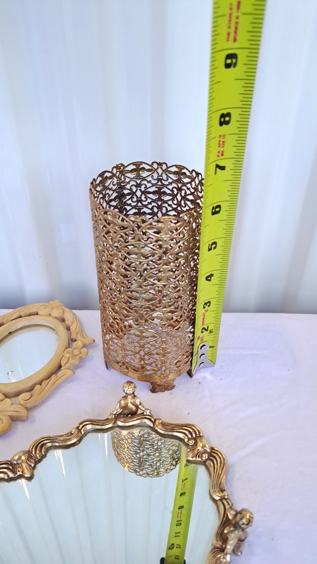 Vanity Mirror & Tray Lot, Gold Filigree Holder, Cherub Mirror Tray, Beautiful Wood Products Mirror - 3