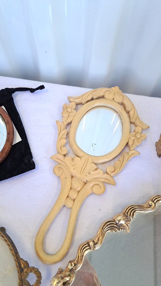 Vanity Mirror & Tray Lot, Gold Filigree Holder, Cherub Mirror Tray, Beautiful Wood Products Mirror - 5
