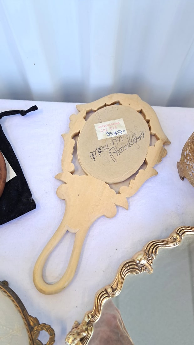 Vanity Mirror & Tray Lot, Gold Filigree Holder, Cherub Mirror Tray, Beautiful Wood Products Mirror - 6