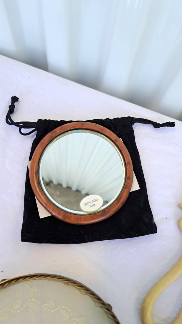 Vanity Mirror & Tray Lot, Gold Filigree Holder, Cherub Mirror Tray, Beautiful Wood Products Mirror - 7