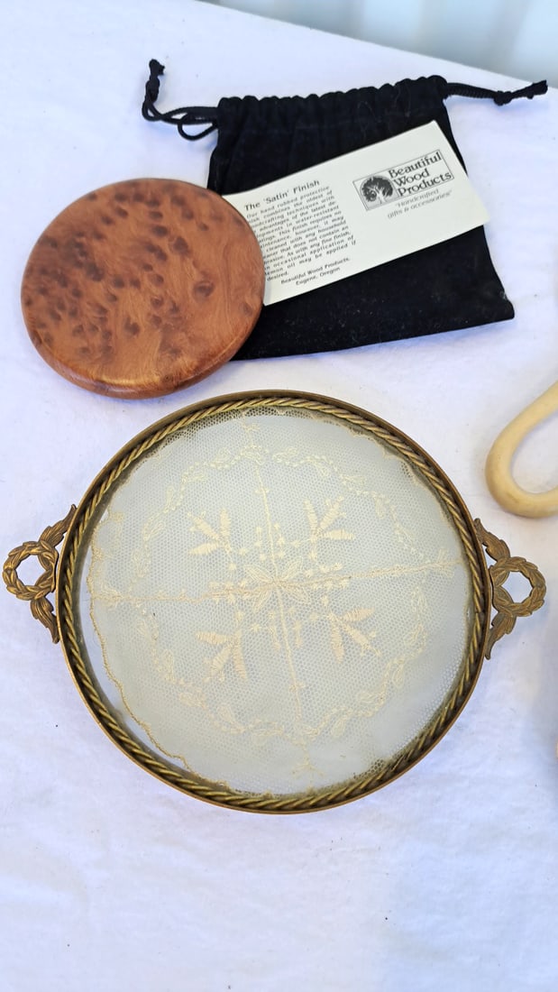 Vanity Mirror & Tray Lot, Gold Filigree Holder, Cherub Mirror Tray, Beautiful Wood Products Mirror - 9