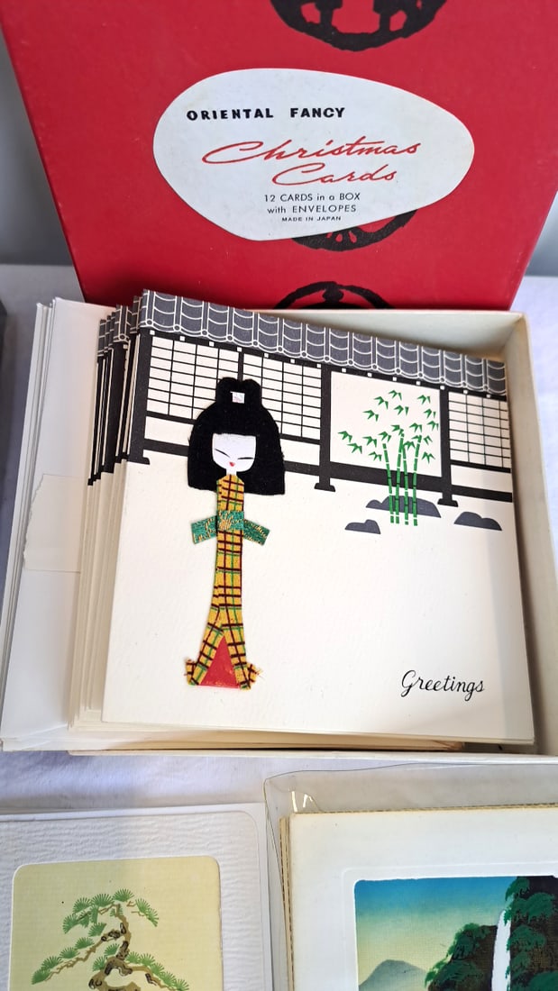 Asian Fabric Over Card Storage Boxes Fancy Cloth Art Christmas Greeting Cards - 5