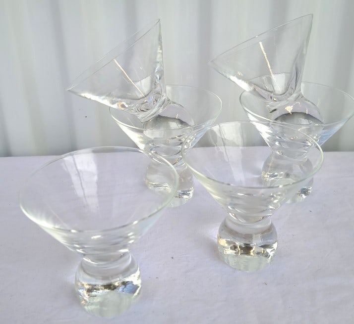 Mcm 6 Clear Glass Martini Cocktail Glasses With Spherical Ball Stems: 9 x 9 x 5in 4lb Low Estimate: 20.00 High Estimate: 85.00