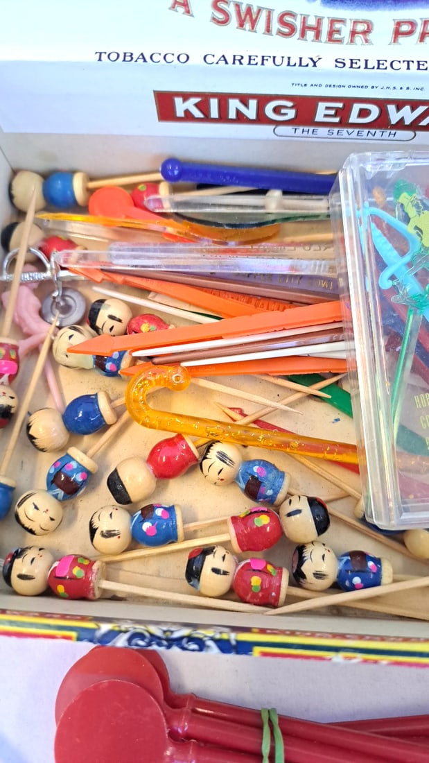 Vintage Cocktail Swizzle Sticks Party Picks Lot In King Edward Imperial Cigar Box Japan Coasters - 3