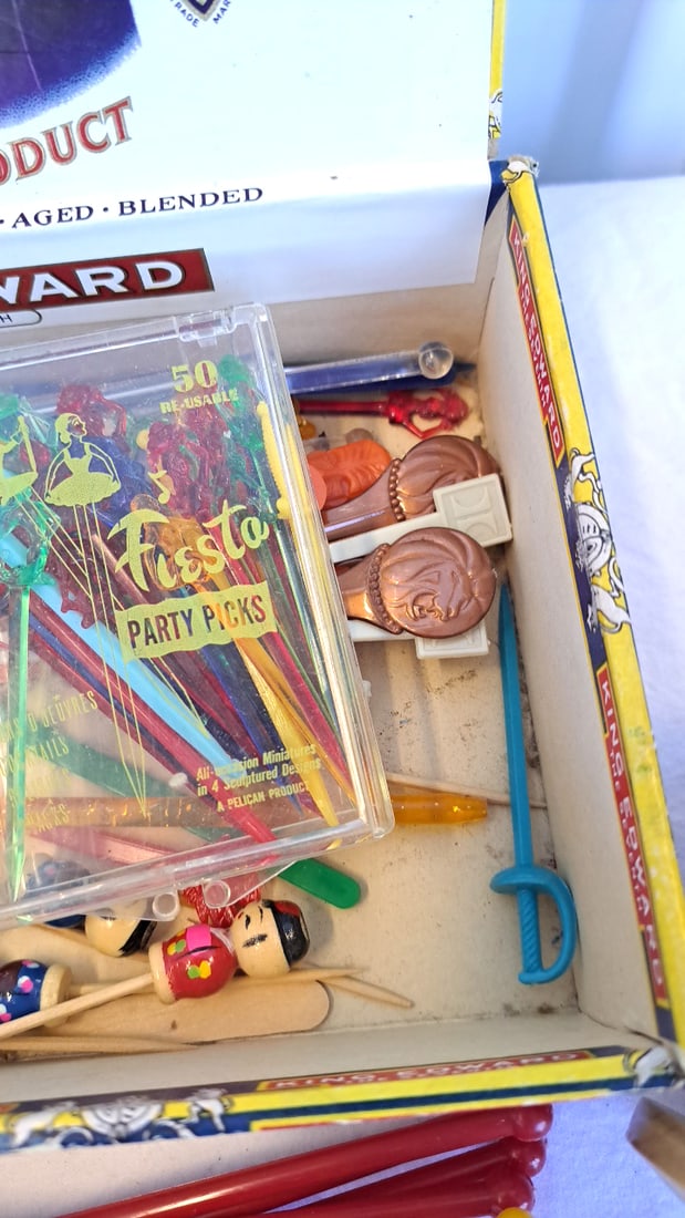 Vintage Cocktail Swizzle Sticks Party Picks Lot In King Edward Imperial Cigar Box Japan Coasters - 4