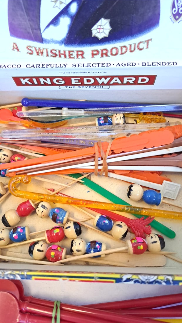 Vintage Cocktail Swizzle Sticks Party Picks Lot In King Edward Imperial Cigar Box Japan Coasters - 5