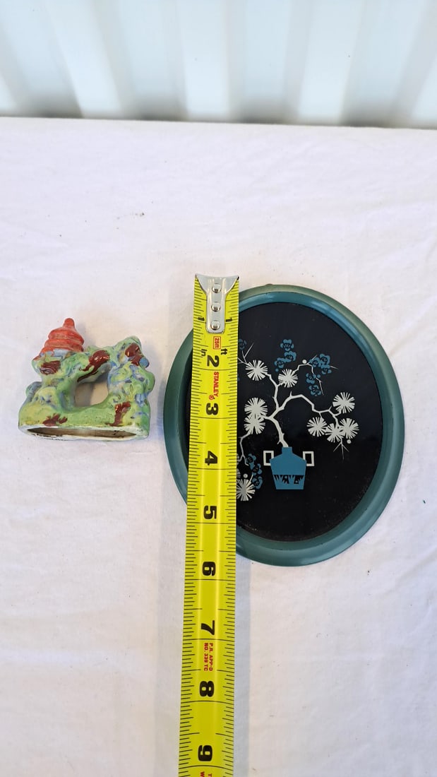 Asian Floral.Silver Blue Picture And Ceramic Pagoda Bridge Decor - 2