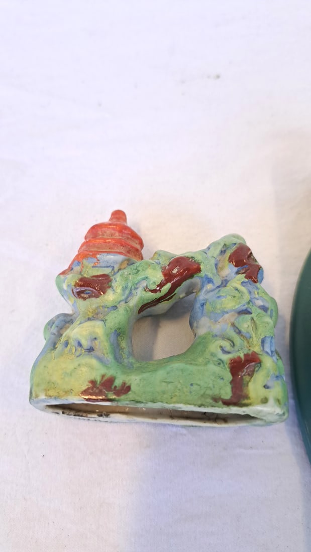 Asian Floral.Silver Blue Picture And Ceramic Pagoda Bridge Decor - 3