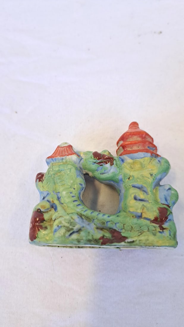 Asian Floral.Silver Blue Picture And Ceramic Pagoda Bridge Decor - 4