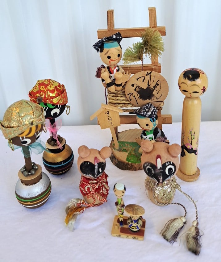 Vintage Japanese Wooden Folk Doll Lot, Kokeshi, Animal Mask Figures & Miniatures: 8 x 8 x 2in. 1lb Low Estimate: 25.00 High Estimate: 125.00
