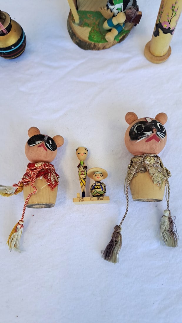 Vintage Japanese Wooden Folk Doll Lot, Kokeshi, Animal Mask Figures & Miniatures - 3