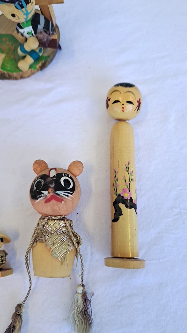 Vintage Japanese Wooden Folk Doll Lot, Kokeshi, Animal Mask Figures & Miniatures - 5