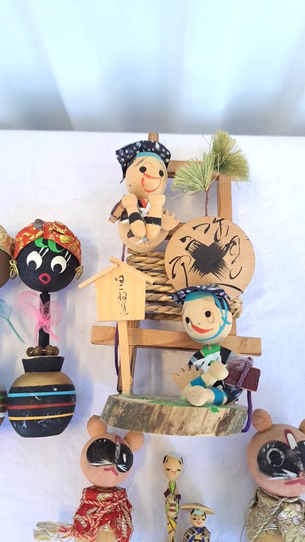 Vintage Japanese Wooden Folk Doll Lot, Kokeshi, Animal Mask Figures & Miniatures - 6