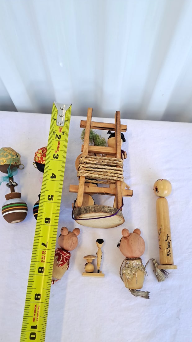 Vintage Japanese Wooden Folk Doll Lot, Kokeshi, Animal Mask Figures & Miniatures - 9