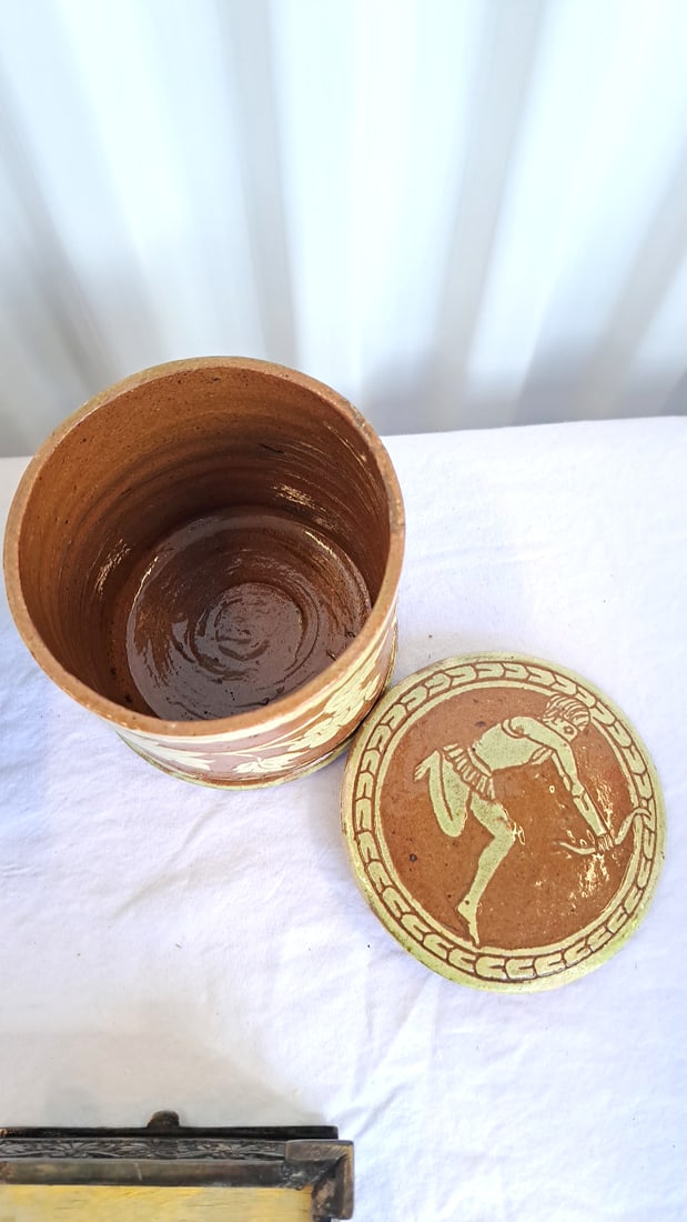 Greek Souvenir Decor Lot: Lidded Ceramic Jar, Metal Eagle Box, Planter, Pitcher & Cup - 13